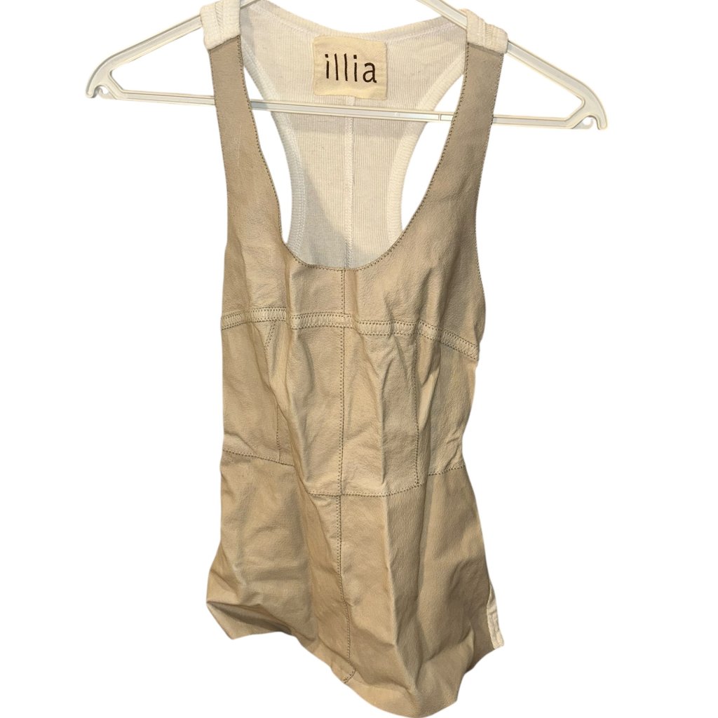 Illia Khaki Genuine Leather White Ribbed Cotton Racer Back Tank Top 2